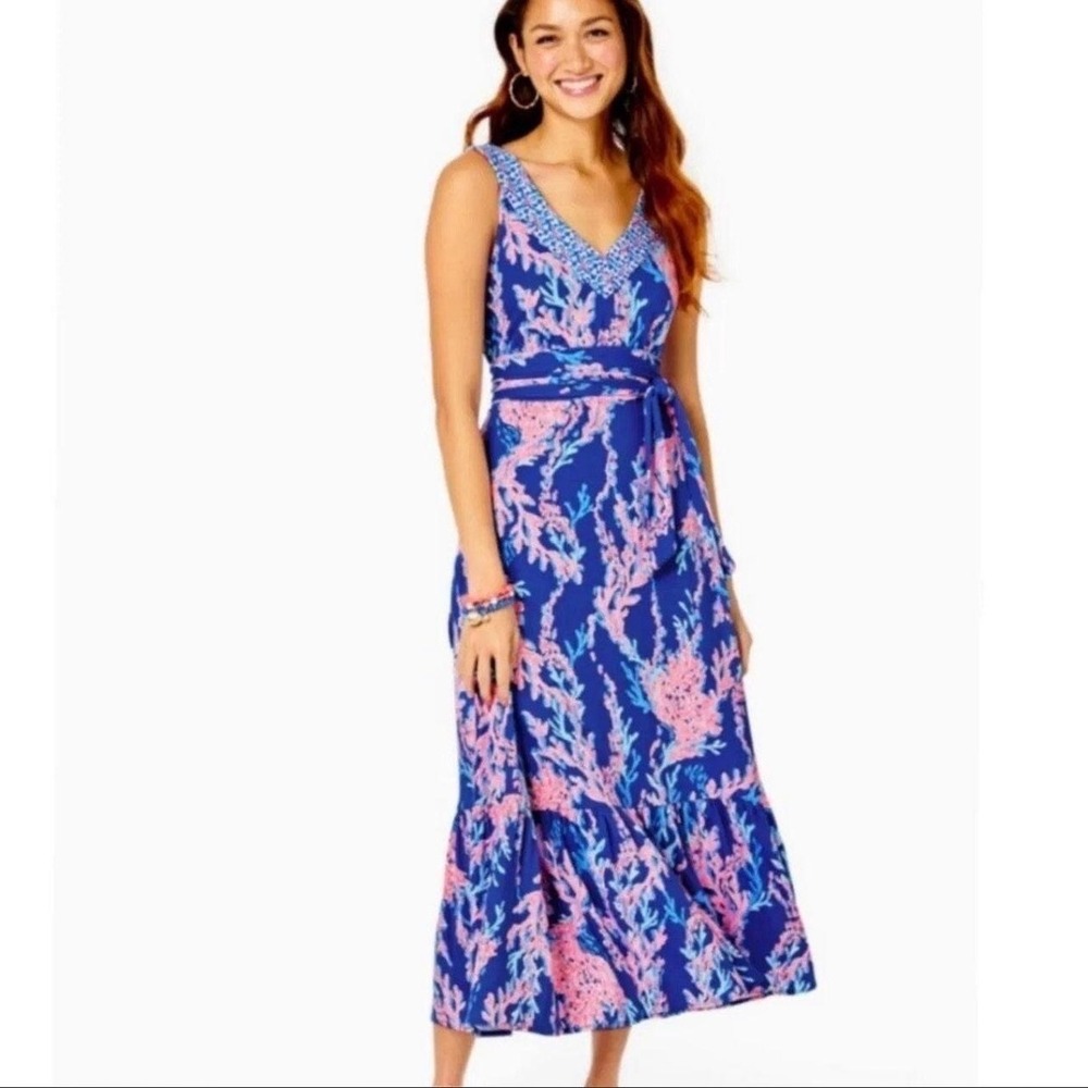 Lilly Pulitzer Madsen Borealis Blue Swim On Over Tiered Maxi Dress Size M Belt